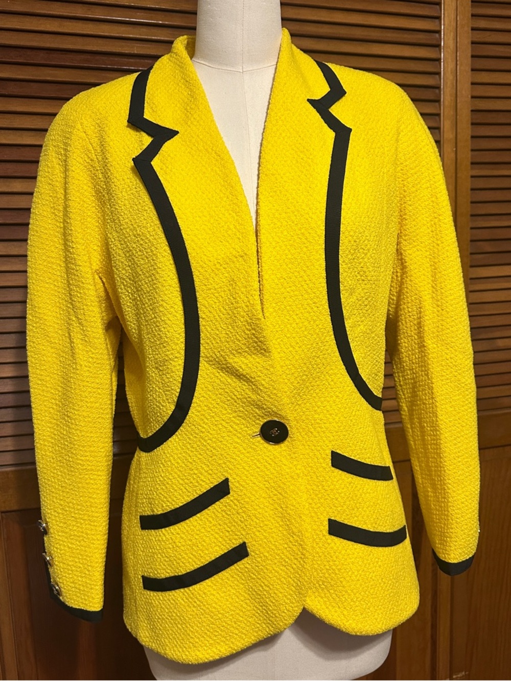 Vintage 90s CHANEL Bright Yellow Bouclé Blazer with Black Trim